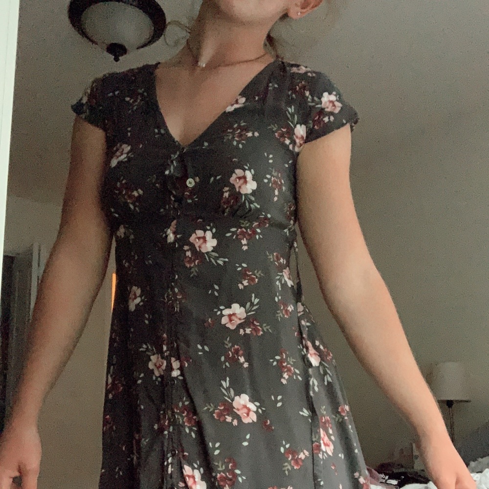 Gray button down dress with flowers